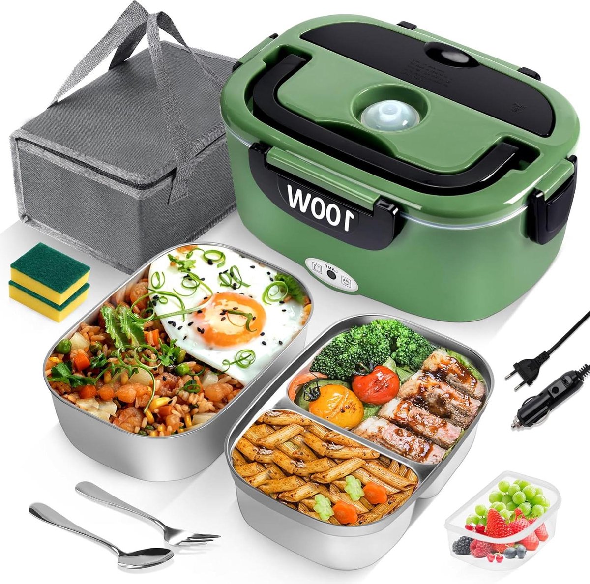 Elektrische Lunchbox - Warmhoudbox Lunchtrommel - Onderweg Eten - 3-in-1 Functionaliteit - 1.5 Liter - Groen