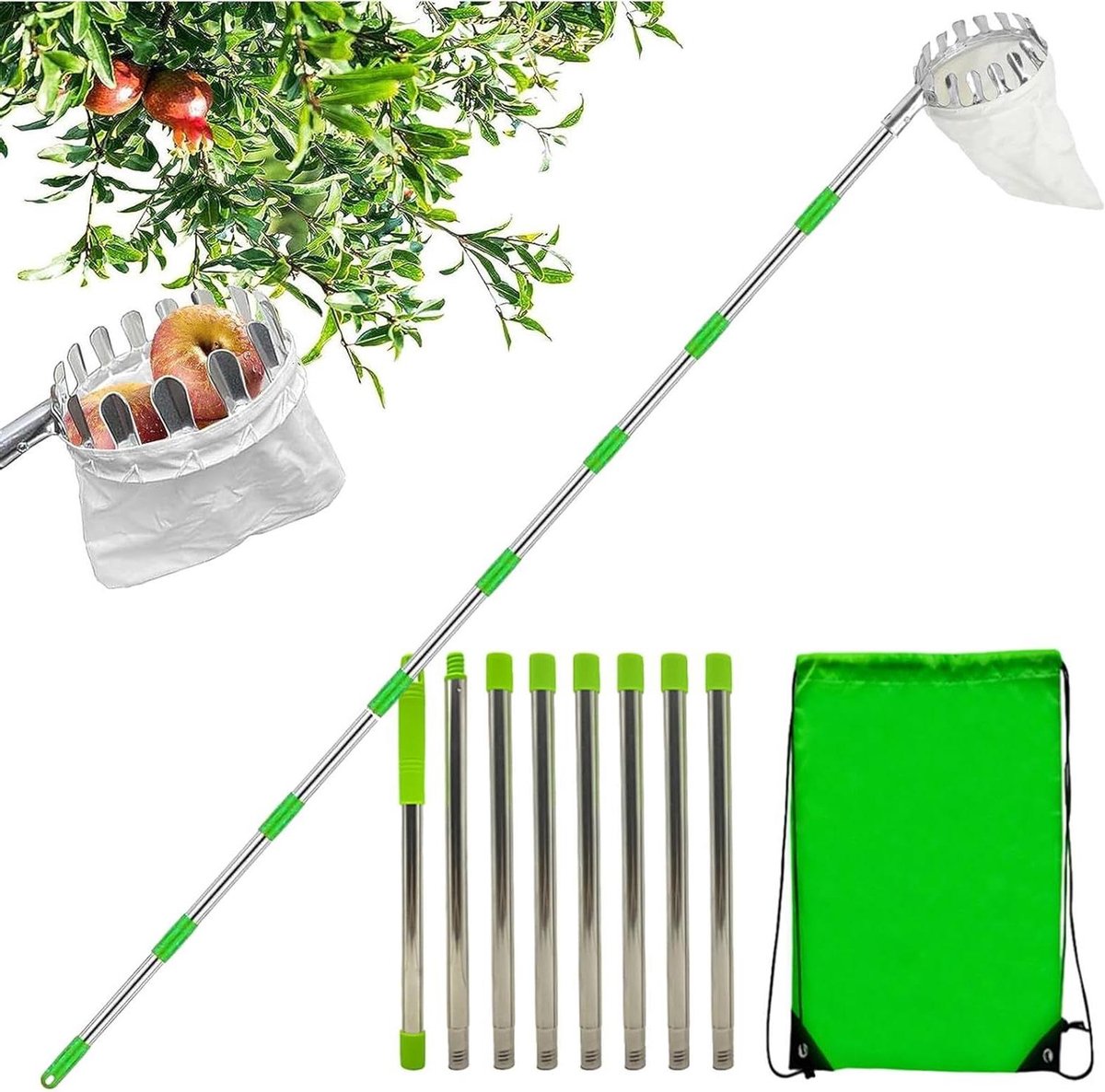 Fruitplukker Met Mand - Fruitdief Fruitpicker - Fruit Oogsten - Telescopisch Verstelbaar - Tot 3.2 Meter - Zilverkleurig