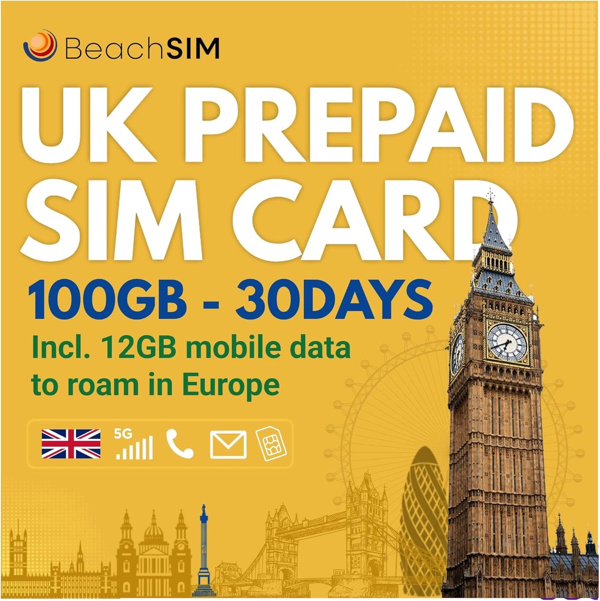 UK SIM-kaart. 100 GB data met 4G - 5G-snelheden. Onbeperkt lokaal bellen en sms'en. Het abonnement omvat 12 GB data voor roaming in de . Werkt op iOS & Android. Geldig voor 30 dagen