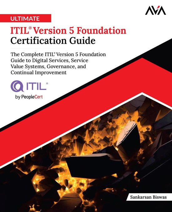 De omslag van het boek "Ultimate ITIL® Version 5 Foundation Certification Guide" met een explosie-effect onderaan.