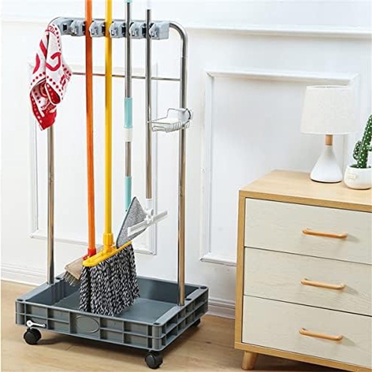 Roestvrijstalen Schoonmaakwagen - Reinigingskar Mobiel - Schoonmaken Organiseren - Verdikte ABS Opvangbak - 115 cm Hoog - Zilver