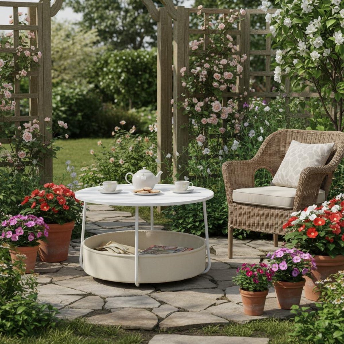 Buiten Salontafel - Tuin Tafel - Terras Ontspanning - Met Opbergmand - 75x75x45.5CM - Wit