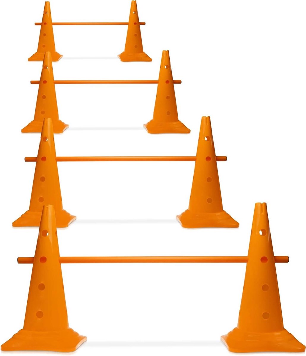 Kegelhorden Set - Hindernis Kegels - Behendigheidstraining - 4 Instelbare Hoogtes - 8 Kegels 50cm 4 Stangen 100cm - Oranje