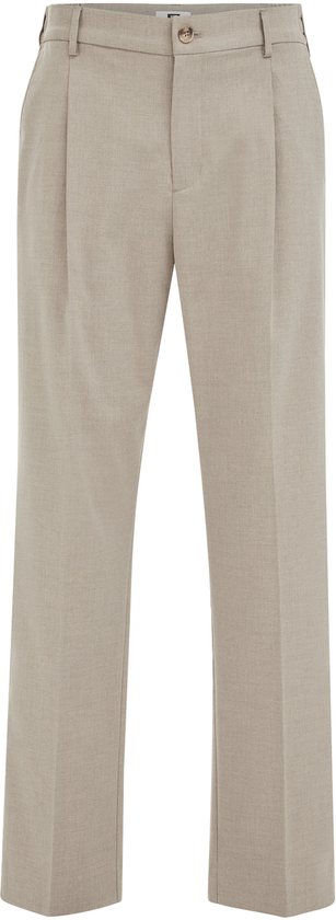 Lichtbeige pantalon met bandplooi, knoop- en ritssluiting.