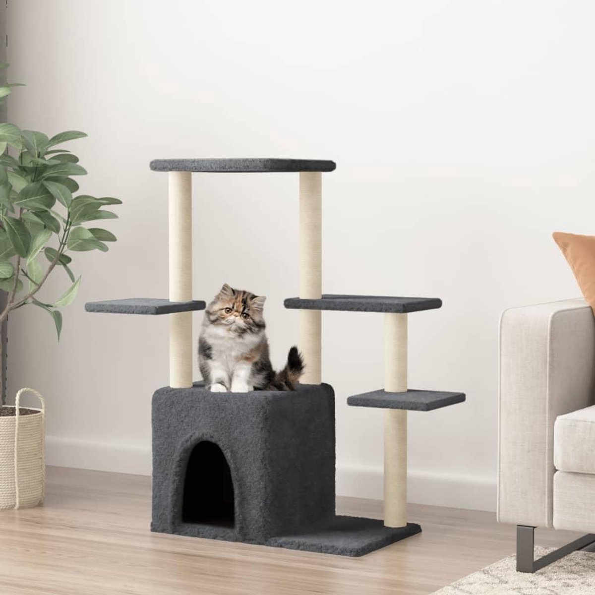 Katten Toren - Krabpaal huis - Klimmen spelen - Meerdere platforms - 5 cm dik - Donkergrijs