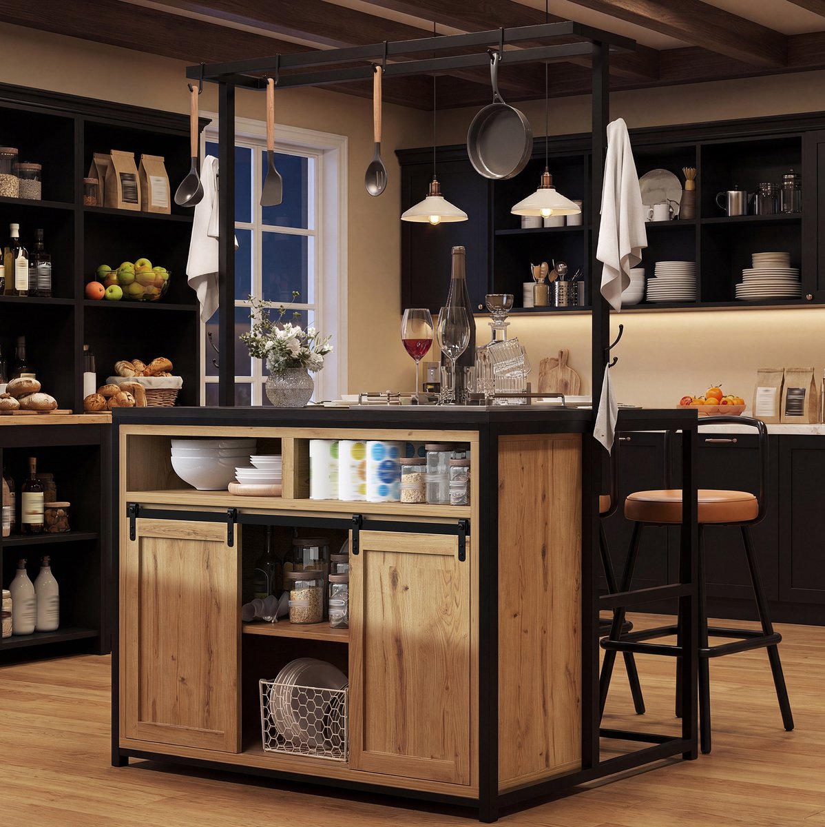 Wishdor Keukeneiland met werkblad en stopcontact - Opbergrek met schuifdeuren - Houtlook en zwart metaal - 107 x 62 x 183 cm