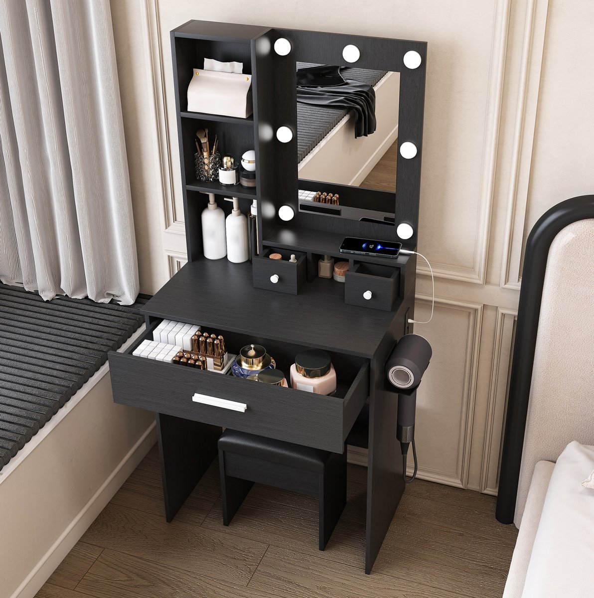 Wishdor Kaptafel met spiegel en LED-verlichting - 3 lichtmodi - stekkerdoos - haardrogerhouder - met lades en hocker - zwart - 60 x 38 x 131,5 cm
