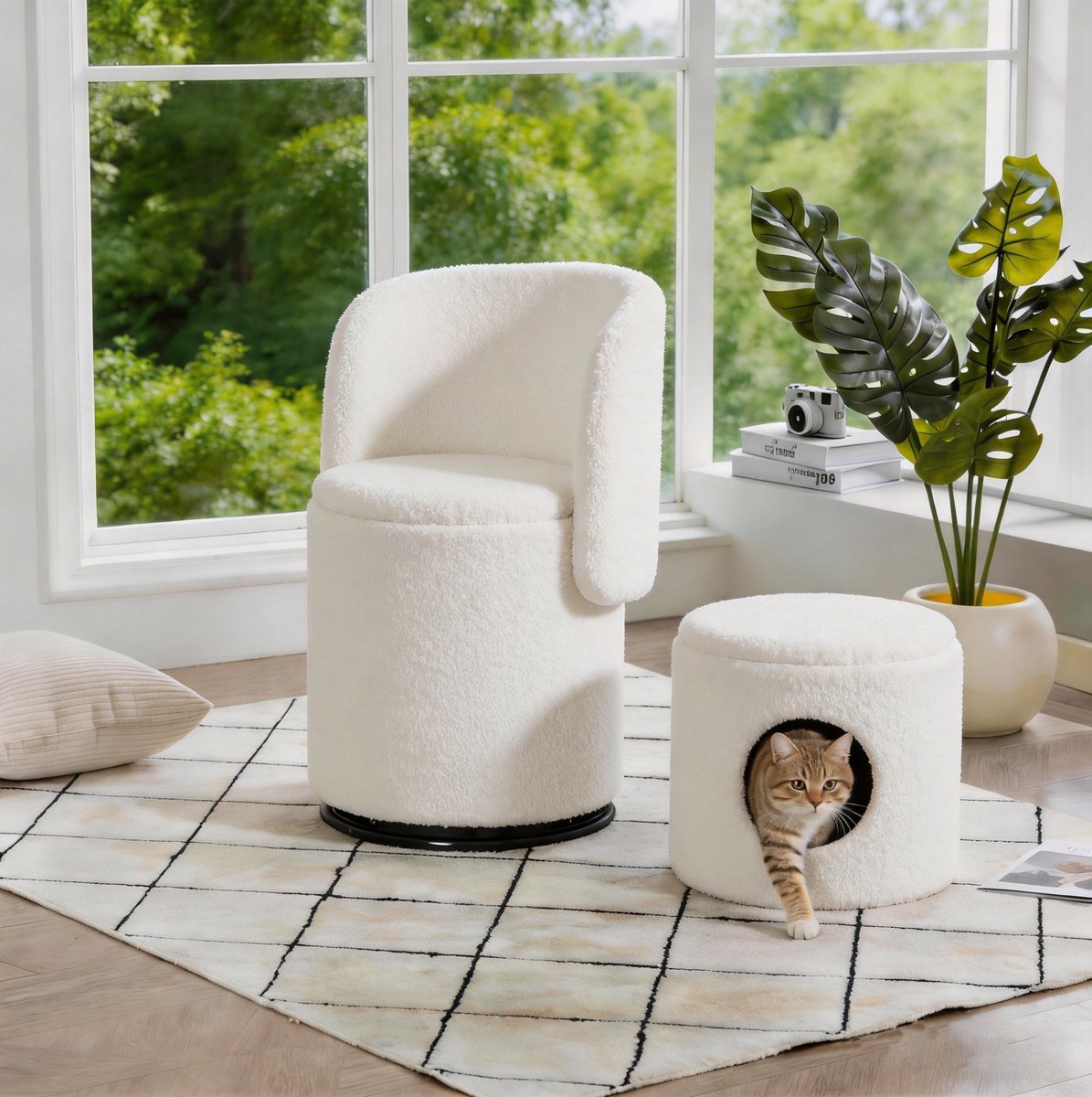 Wishdor Fauteuil 360° draaibaar - Opbergfunctie - Gepolsterd - Design - Woonkamer en slaapkamer - Teddy - Wit - 75 x 42 cm