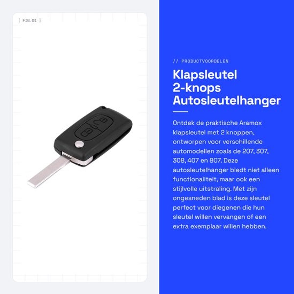 Klapsleutel 2-knops - Autosleutelhanger - Behuizing - Ongesneden blad - Compatibel met 207/307/308/407/807 - Autosleutel