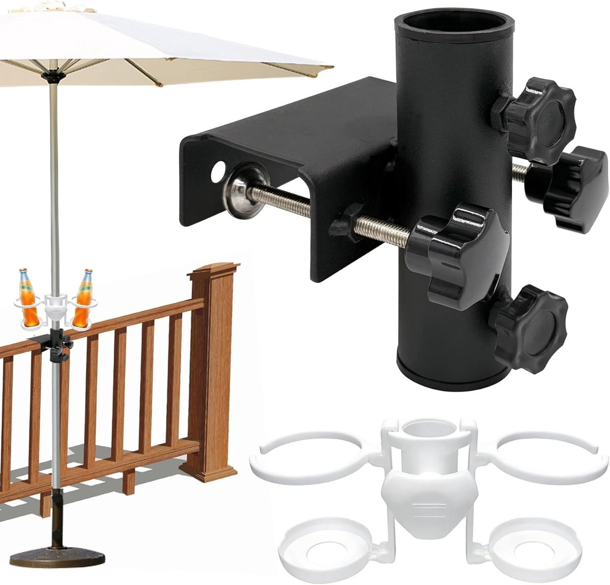 Parasolhouder voor balkon - Zwart - Verstelbaar 2-6,3 cm - Metalen klem en bekerhouder - Voor parasols met paal 2,3-3,8 cm