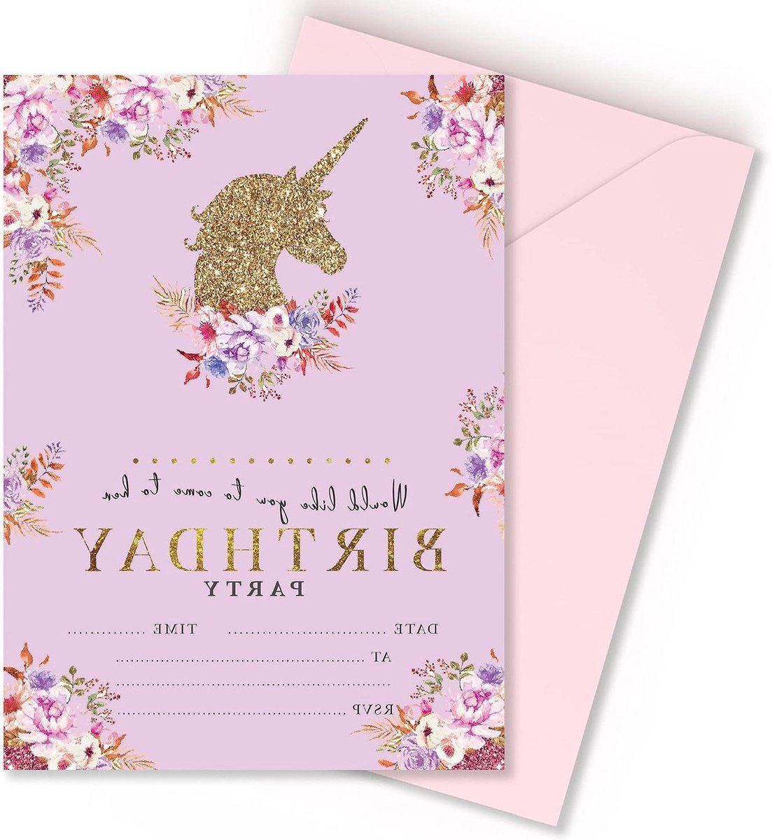 Eenhoorn Uitnodigingen - Feestkaarten Kinderen - Verjaardag Vieren - Roze Glitter Effect - A6 Formaat - Roze