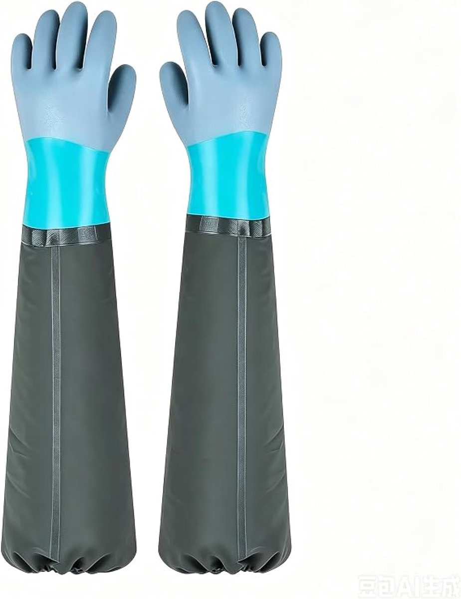 Lange rubberen handschoenen (70 cm) – Lange waterdichte handschoenen – Beschermende handschoenen – Slijtvaste, waterdichte handschoenen – Antisliphandschoenen – Geschikt voor vissen en graafwerkzaamheden – Blauwgrijs
