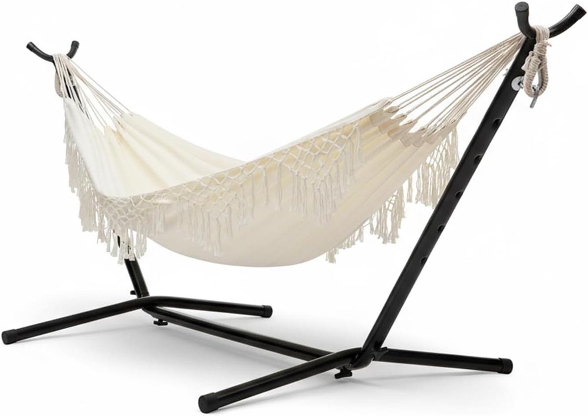 Hangmat set - Luxe hangmat - Ontspannen in tuin - Stabiele standaard - 250 cm standaard - Beige