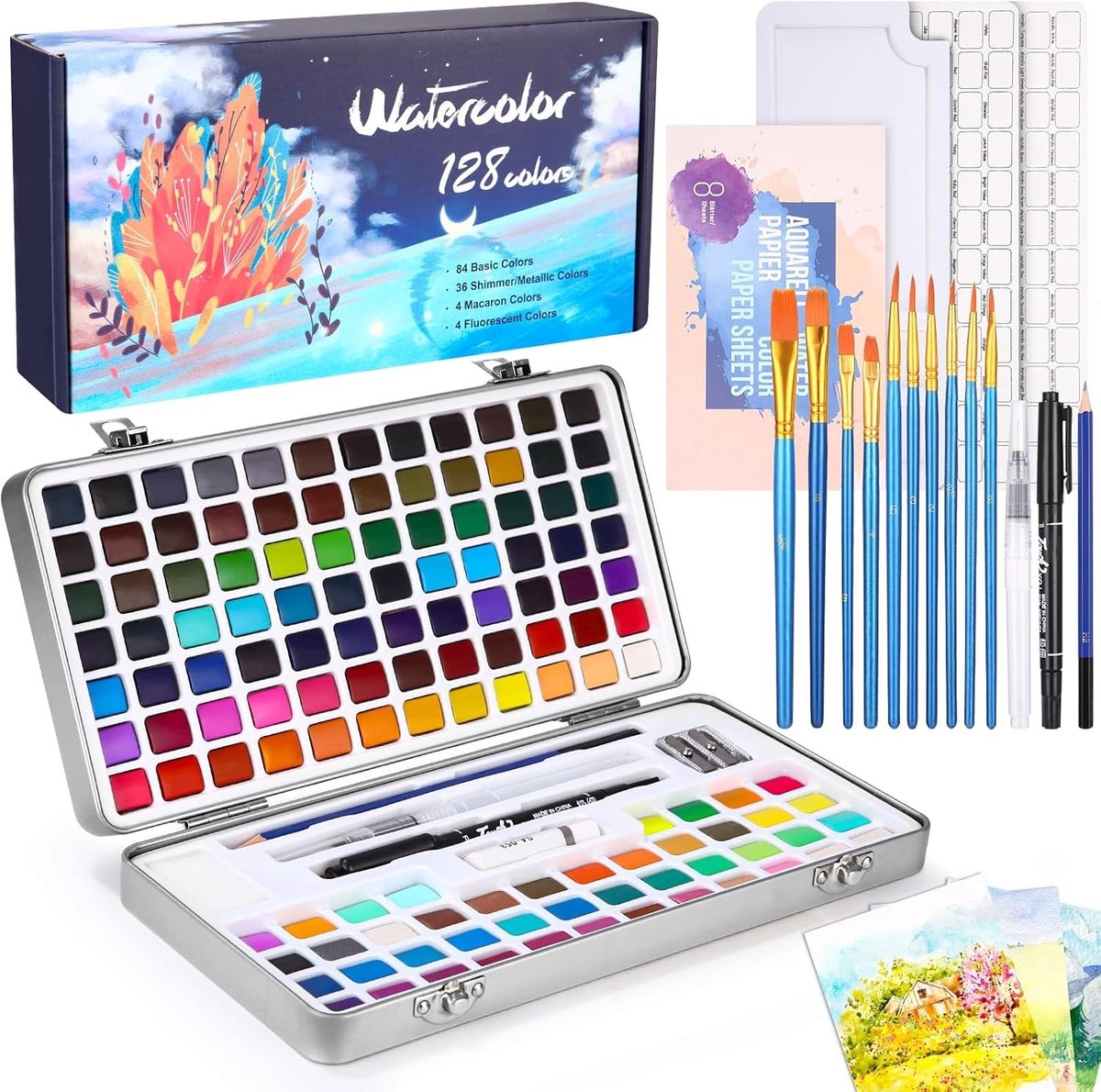 Complete Waterverfset met 128 Kleuren in Draagbare Doos, Inclusief Kwast en Waterverfpapier voor Kunstenaars en Creatieve Schilderaars