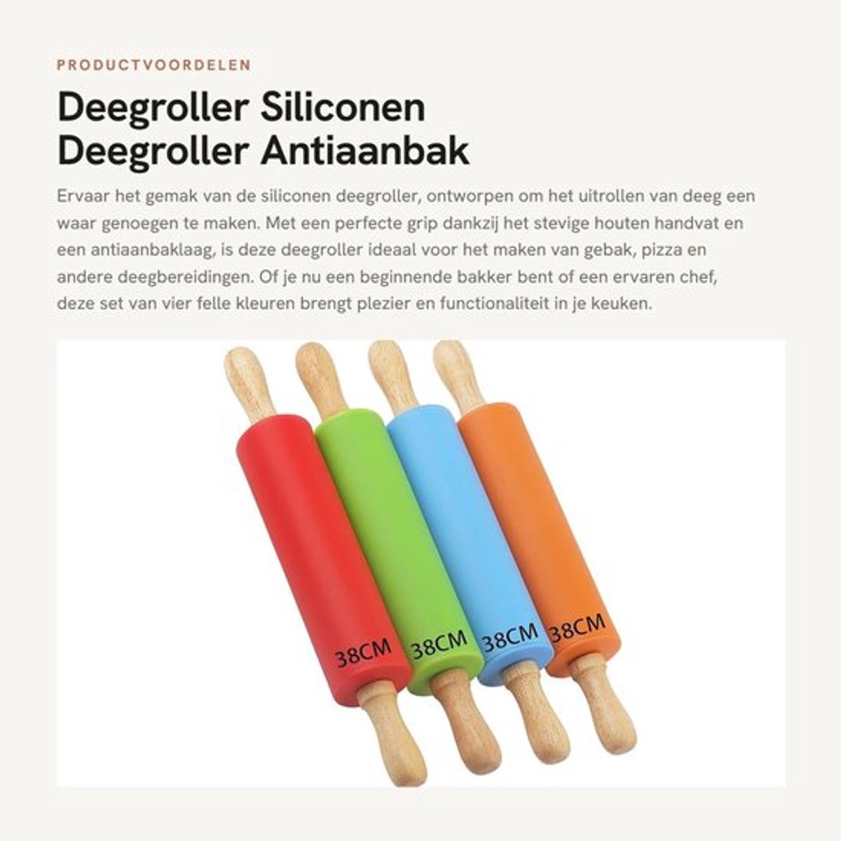 Deegroller Antiaanbak - Set van 4 - Siliconen met Houten Handvat - Ideaal voor Gebak/Pizza - Duurzaam en Makkelijk Schoon te Maken - Bakgereedschap