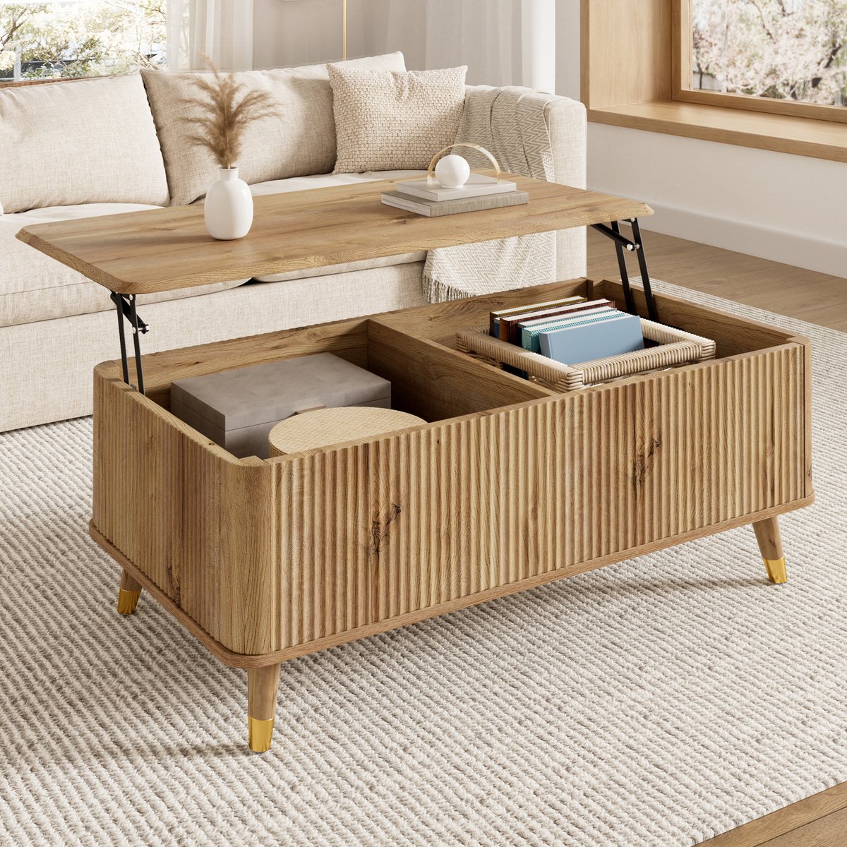 Pugsdrly Salontafel modern retro, in hoogte verstelbaar tafelblad, golvende structuur, houtlook, houten poten, veel opbergruimte, multifunctionele salontafel