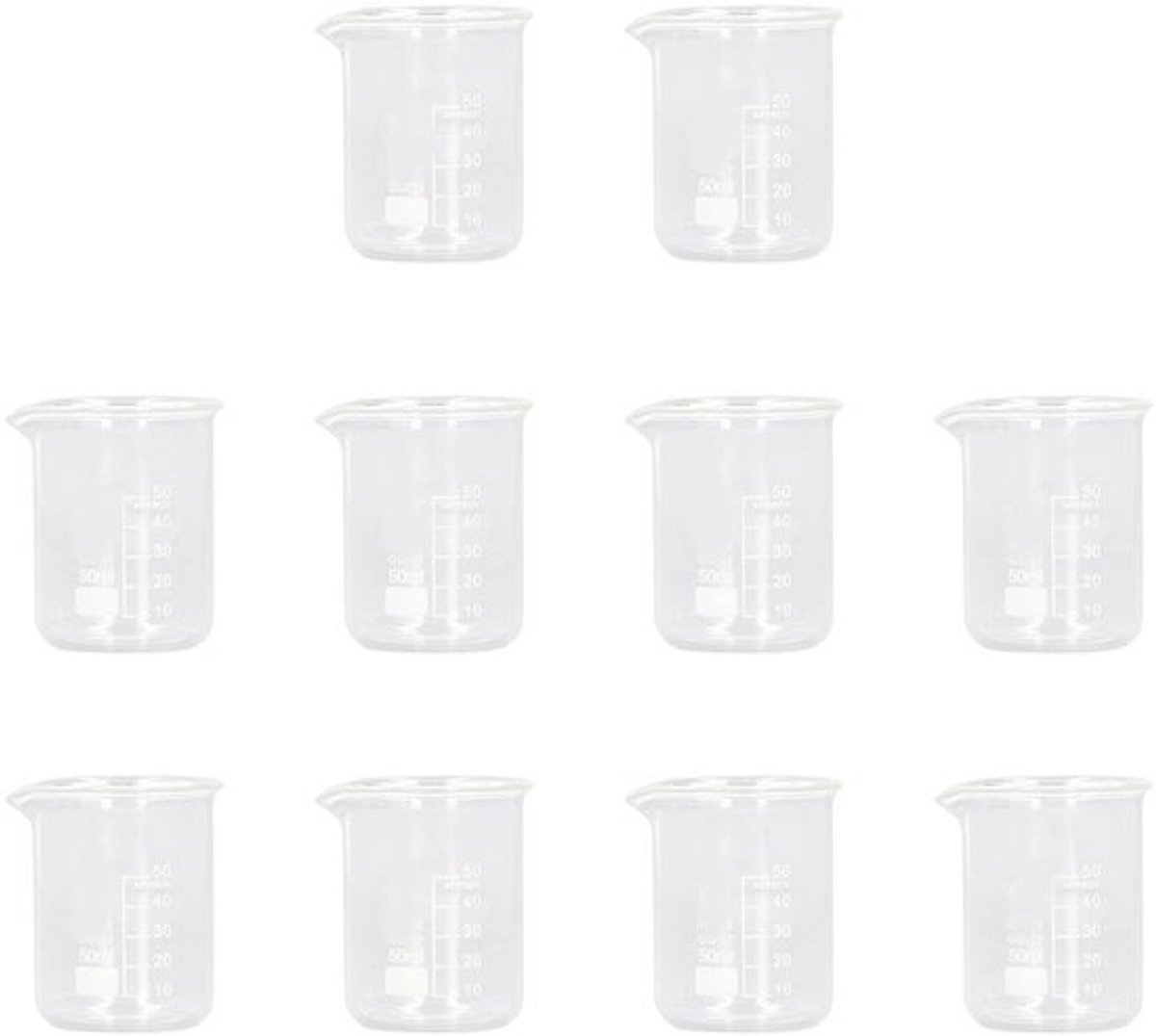 Glazen Beker Set van 10 - Maatbeker 50 ml - Laboratoriumglas - Borosilicaatglas - Nauwkeurige Schaallijn - Geschikt voor Experimenten