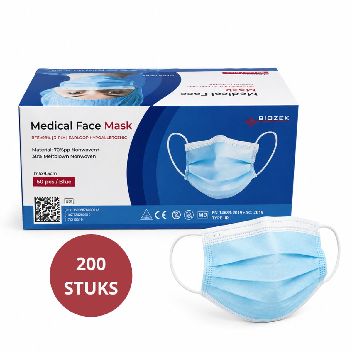 Medische Mondmaskers Type IIR – 3-Laags – CE Gecertificeerd – BFE >98% – Blauw – 200 Stuks