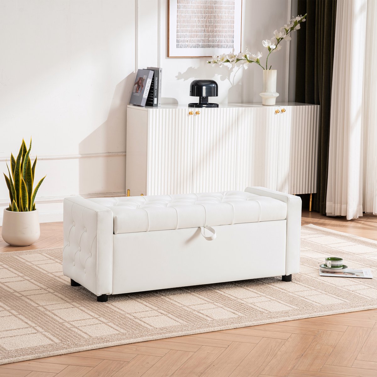 MIVRAY Opbergbank – Rechthoekig Met Opbergruimte – 122 x 45 x 47 cm – Hout En PU-Leer – Wit – Gestoffeerd Bankje Voor Slaapkamer