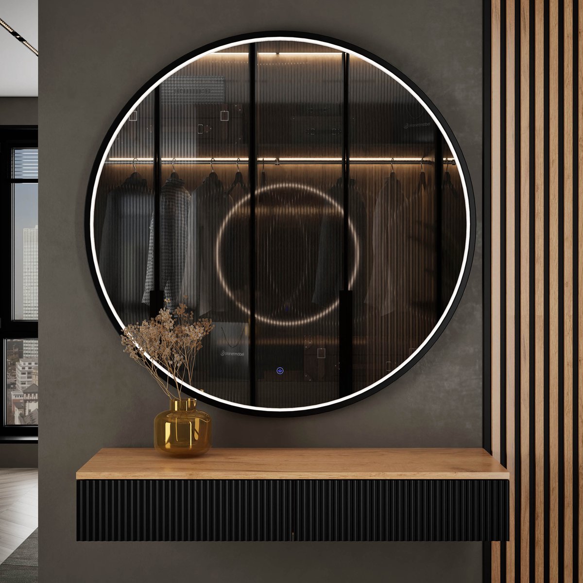 Planetmöbel AMYRA Wandconsole 100 cm – Goud Eiken/Zwart – VELUNA LED Spiegel 100 cm – Dimbaar – 3 Lichtkleuren