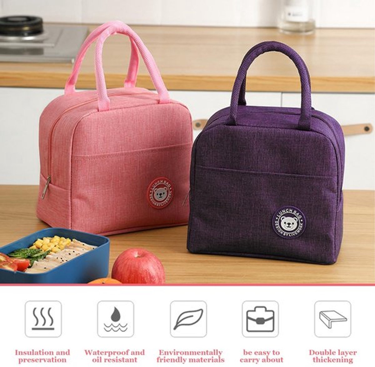 Lunchtas Dubbellaags - Mini-Koeltas - Opvouwbaar - Thermotas - Voor Picknicks - Kantoren/Scholen
