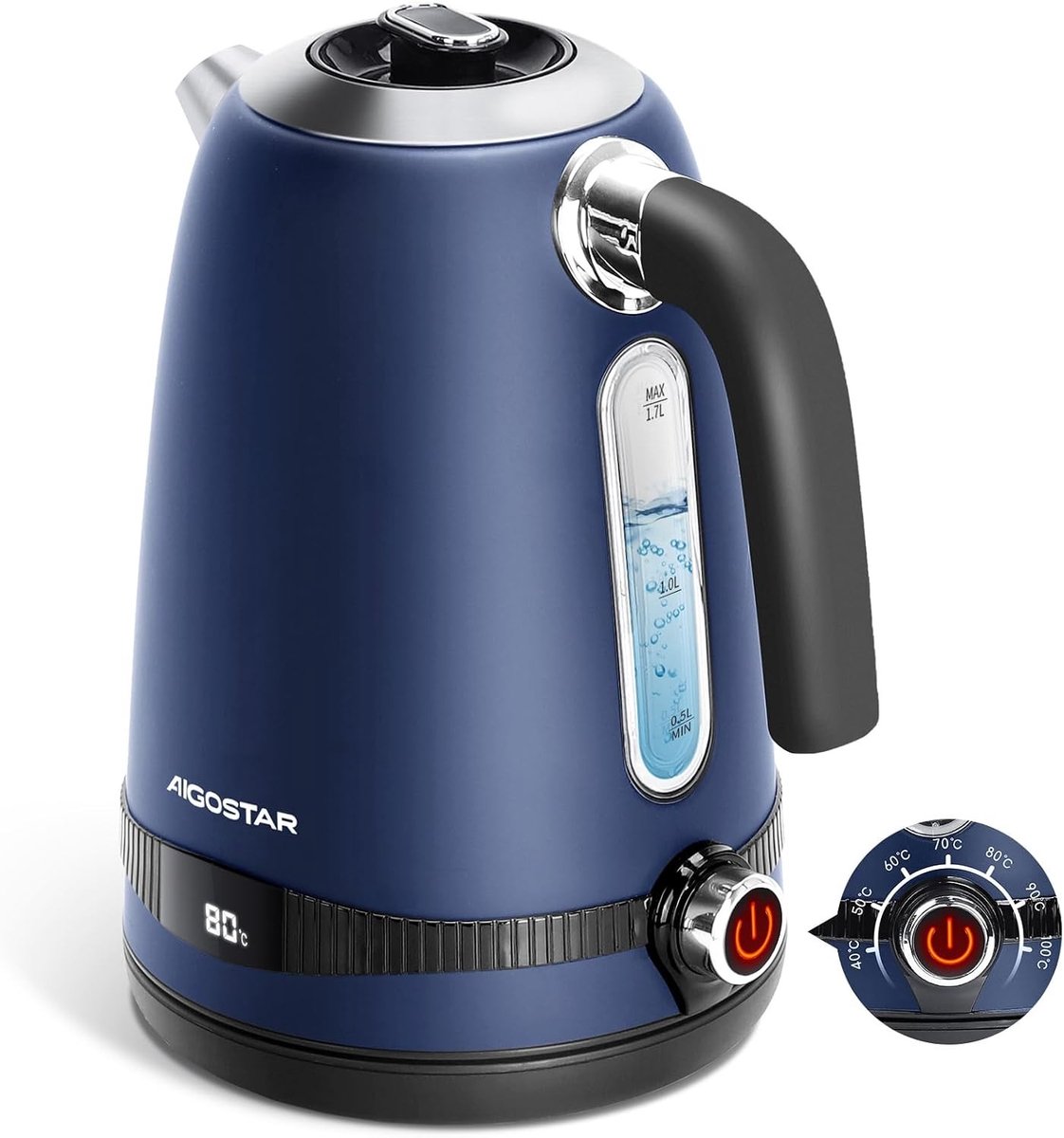 Retro waterkoker - Donkerblauw - 1,7 liter - Roestvrijstalen elektrische waterkoker met temperatuurregelaar - Voor thuisgebruik