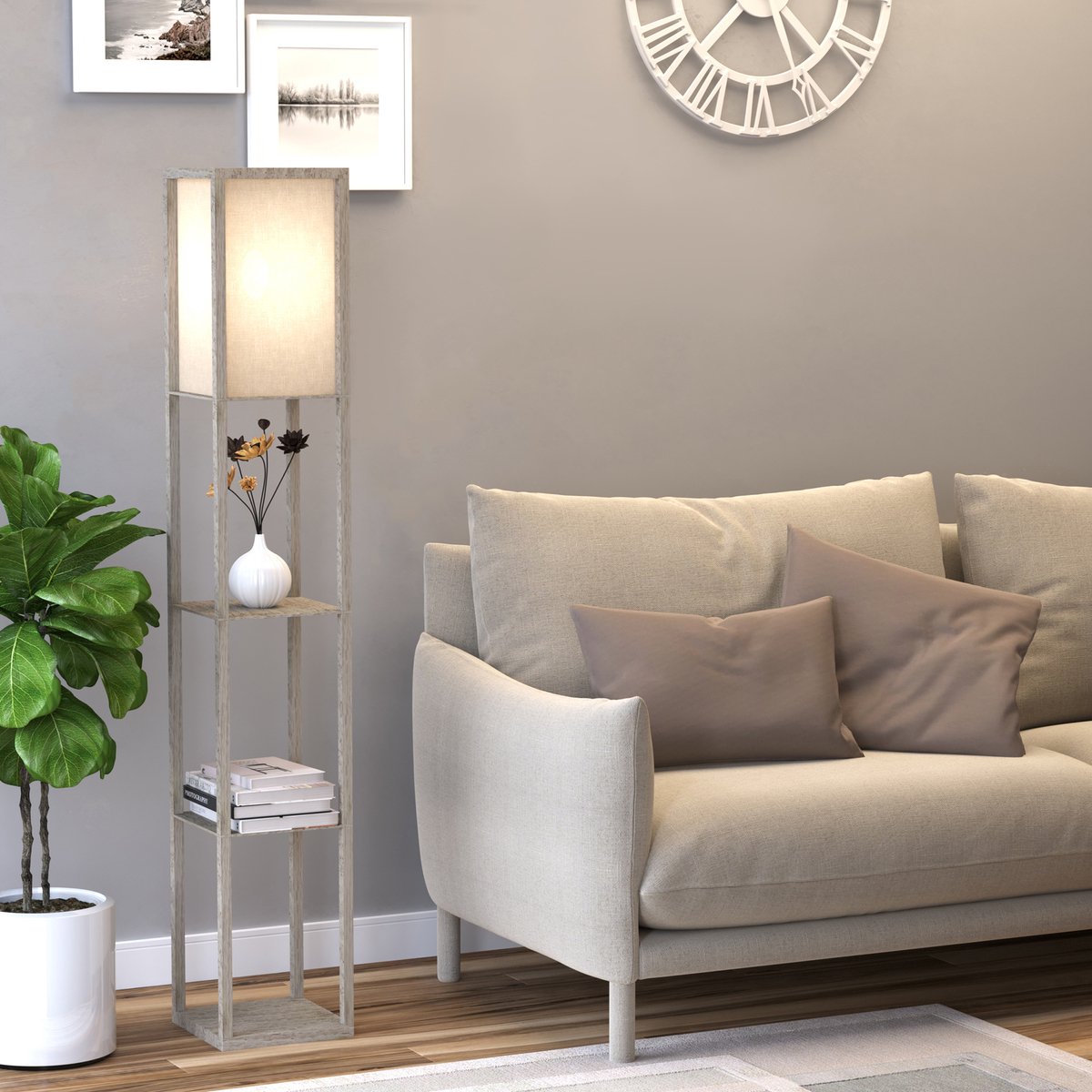 COVREO Staande lamp 26x26x160 cm wit MDF en acryl, met 3 open vakken