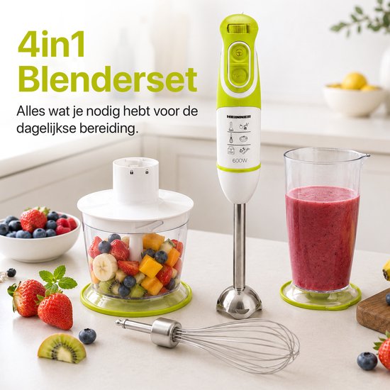 Heinner Staafmixer Set - 600W - 5 Snelheden - Turbo Functie - 700 ml Maatbeker - Hakmolen - Garde - RVS Staaf - Wit/Groen van Heinner — afbeelding 2