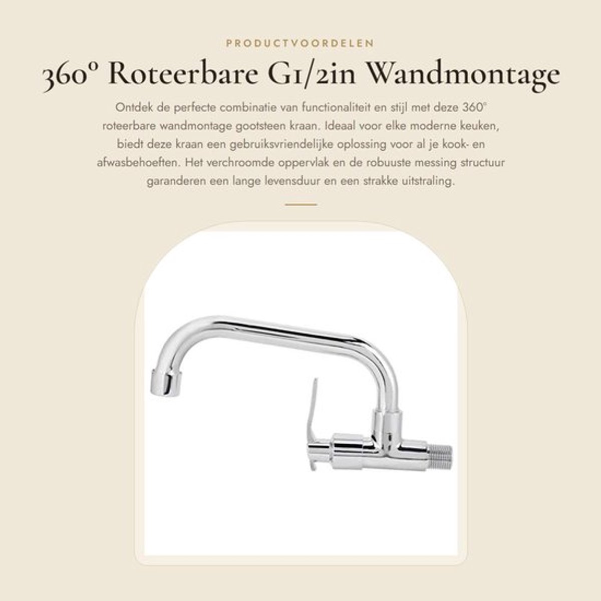 Gootsteenkraan 360° Roteerbaar - Wandmontage - Enkele Koudwaterkraan - Ergonomisch Handvat - Messing/Roestvrij Staal - Corrosiebestendig - Keukenkraan
