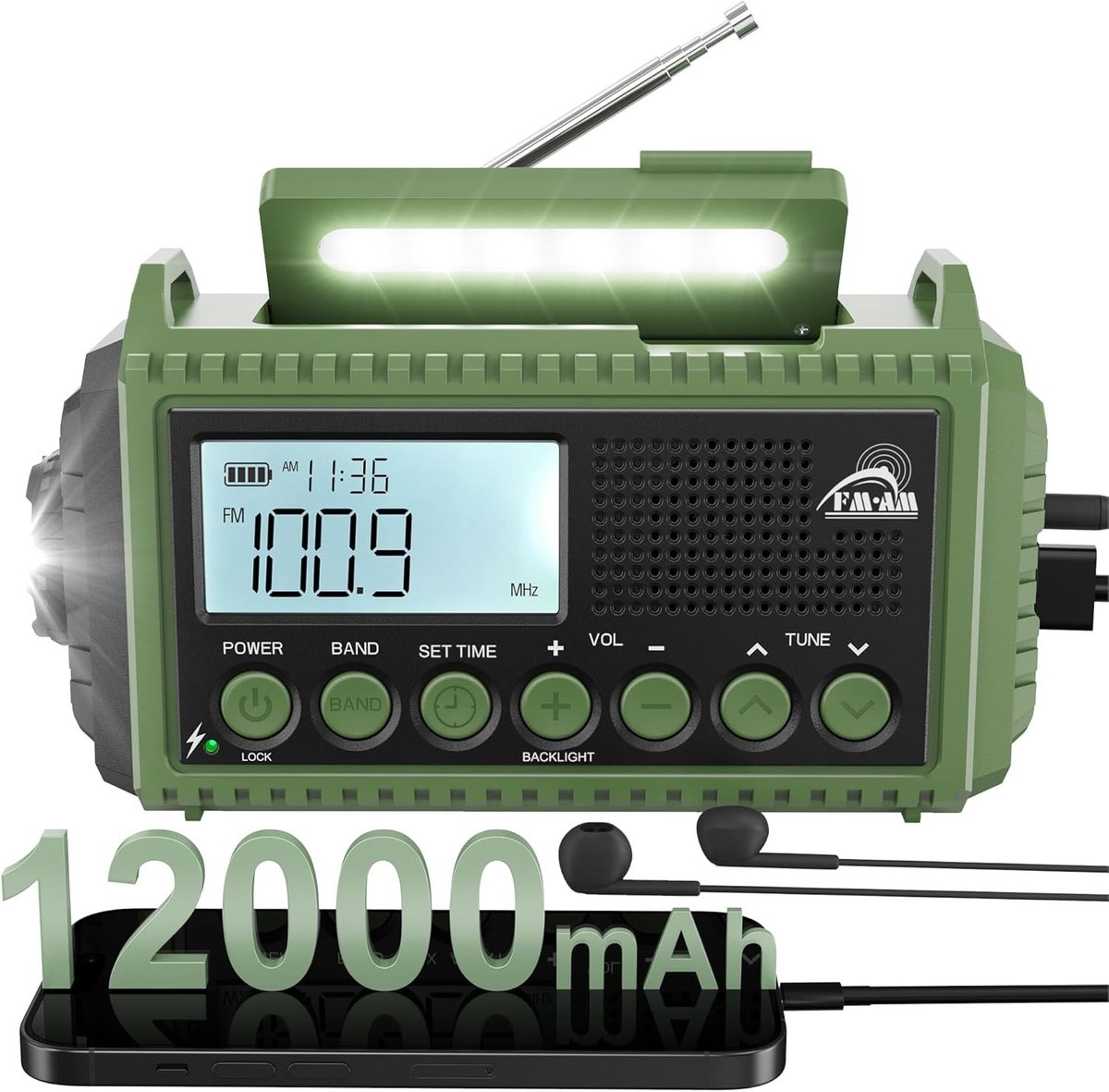Noodradio solar en opwindbaar - Groen - 172 x 94 x 63 mm - Multifunctionele noodradio met powerbank en zaklamp - Voor outdoor en noodsituaties