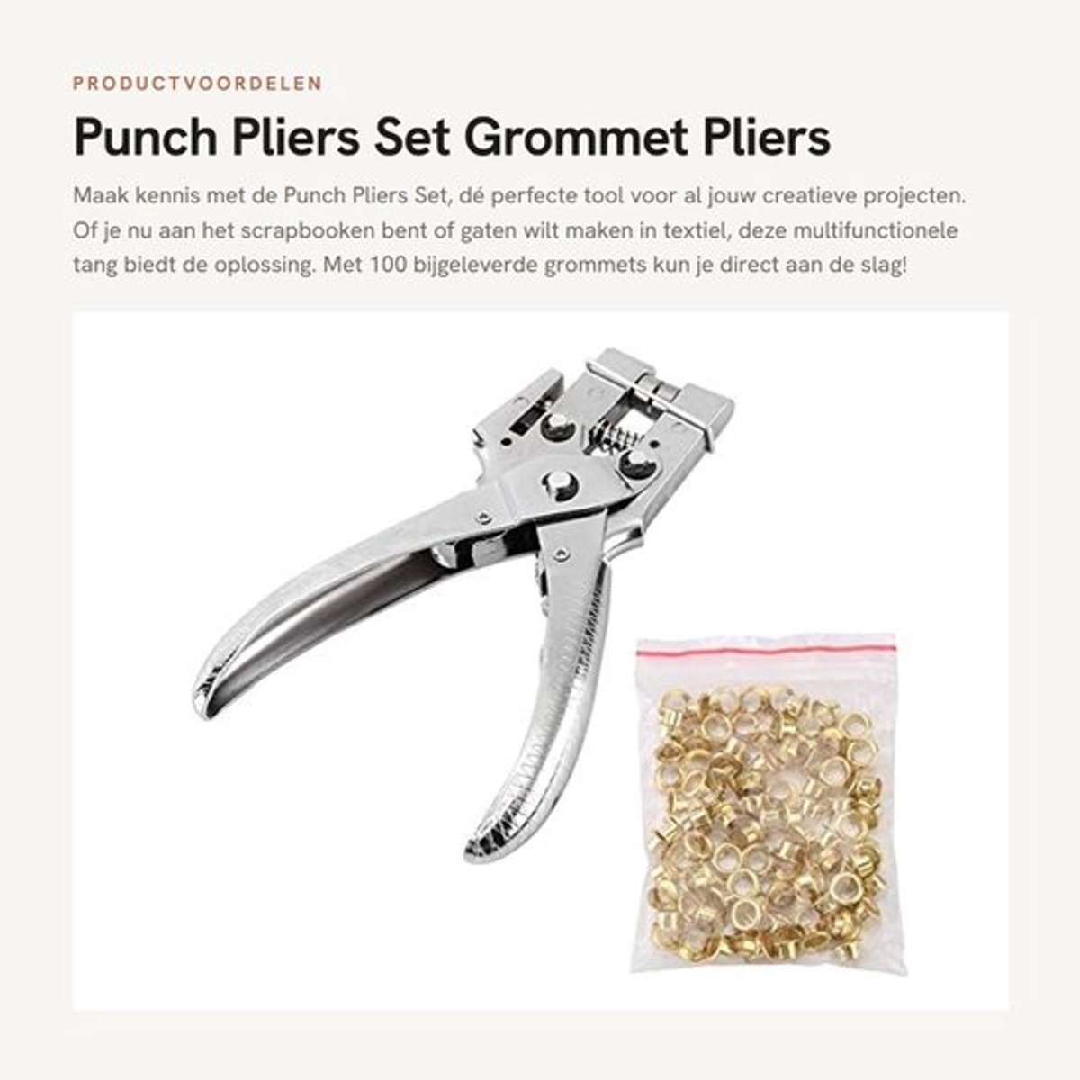 Punch Tangen Set - Multifunctionele Oogperforator - Klinknagel Setter - Riem Gaten - 100 Holle Oogjes - Ideaal voor Knutselprojecten - Oogjesperforator