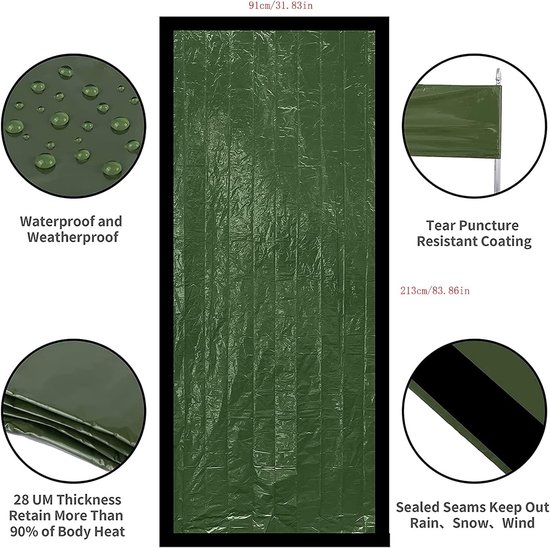 Noodpakket - Groen - 2 stuks - Ultralichte Mylar Slaapzak en Reddingsdeken - Voor Outdoor en Survival — afbeelding 2