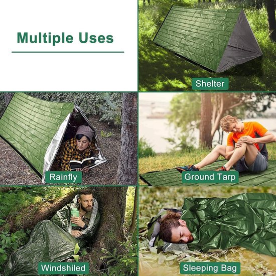 Noodpakket - Groen - 2 stuks - Ultralichte Mylar Slaapzak en Reddingsdeken - Voor Outdoor en Survival — afbeelding 4
