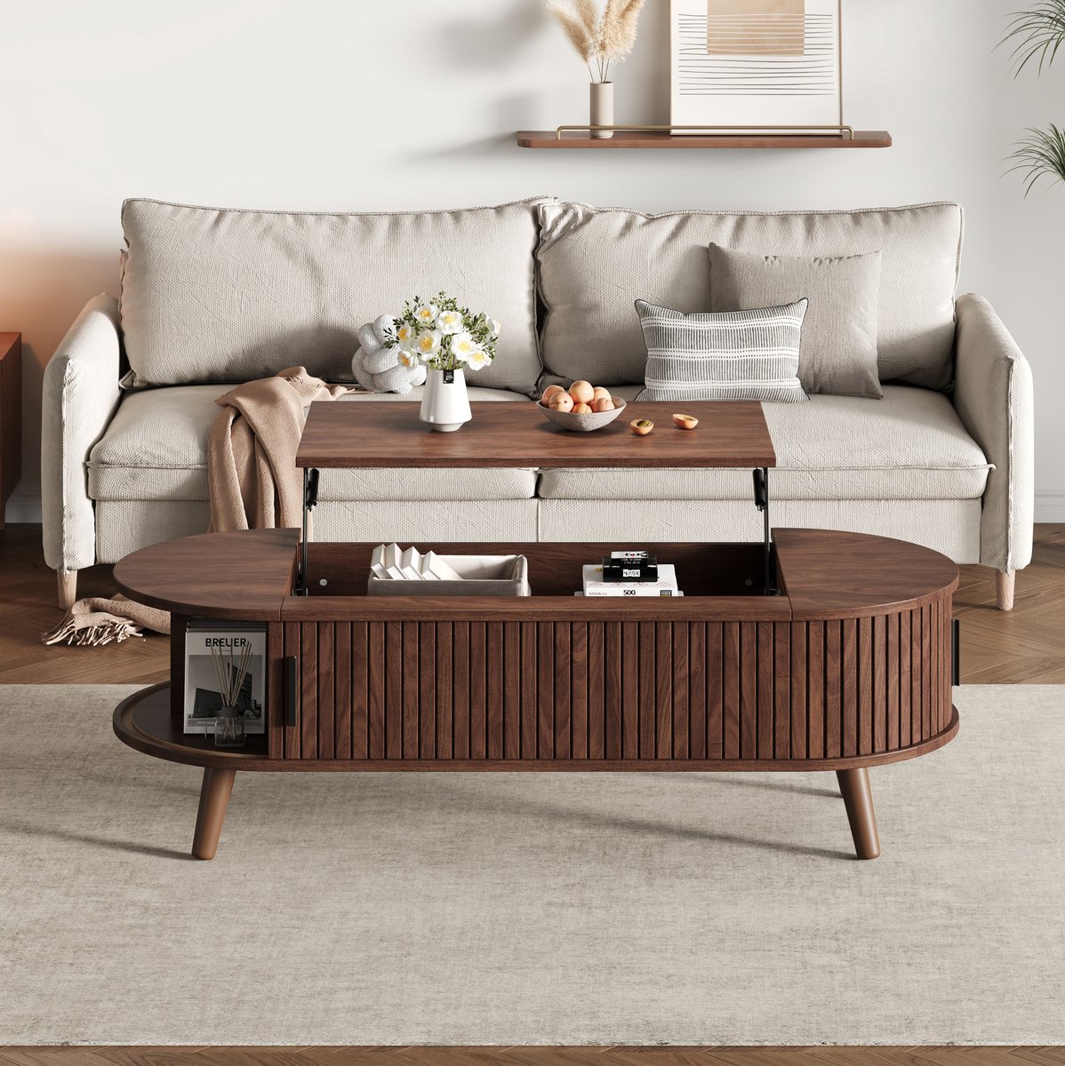 DESMIU Salontafel Hoogte Verstelbaar Met Verborgen Opbergruimte En Zijvakken Voor Woonkamer MDF Walnoot 120x50x39,5 Cm