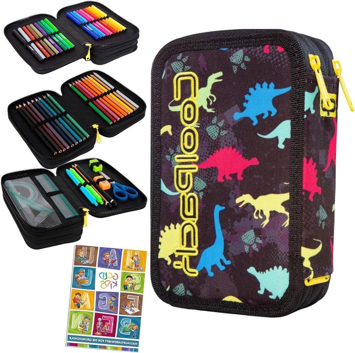 Pennenetui met 3 vakken - Etui Dinosaurus - Schoolbenodigdheden Organiseren - Inclusief Uitgebreide Set - 3-fach - Zwart
