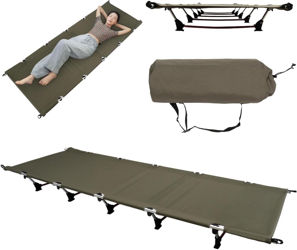 Opvouwbaar Veldbed - Campingbed Reizen - Outdoor Slapen - Robuust Aluminium Frame - 190 x 65 cm - Legergroen