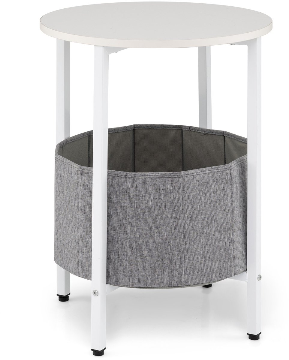 COSTWAY Bijzettafel rond, kleine tafel, woonkamertafel met stoffen mand, nachtkastje modern, 2 niveaus salontafel klein, metalen frame, voor woonkamer slaapkamer (wit + grijs)