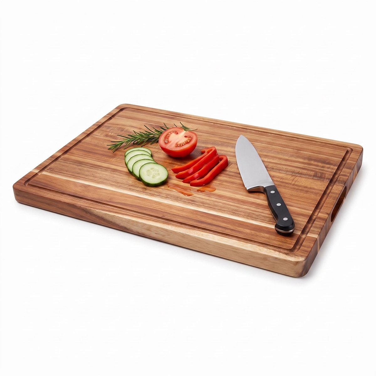Cheqo® Houten Snijplank Acacia Hout - Snijplank met Sapgroef en Handvaten - Dubbelzijdig - Serveerplank - Borrelplank - Broodplank - Hakblok - Vleesplank - Kaasplank - Tapasplank - Keukenplank van Massief Hout met Sapgeul voor Keuken en BBQ
