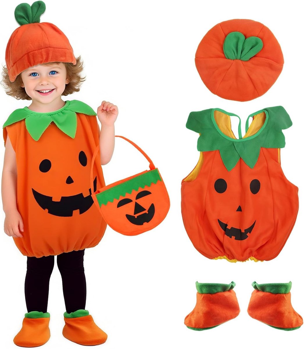 Halloween Pompoen Kostuum Set voor Kinderen met Hoed, Snoepzak en Schoenen voor Feestjes, Carnaval en Cosplay, Geschikt voor 3-4 Jaar, Oranje