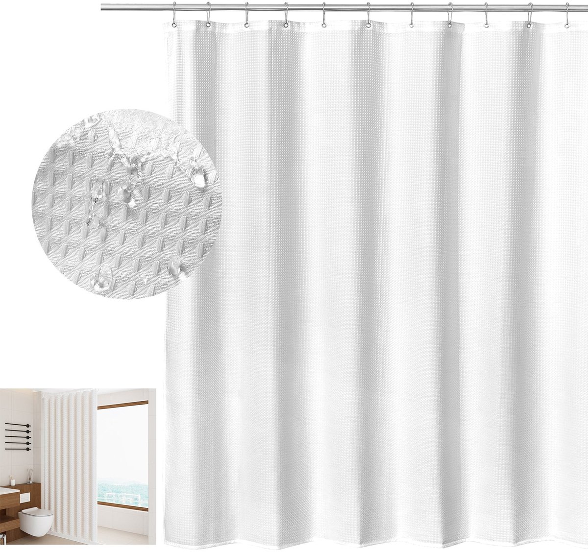 MODFU Douchegordijn – 180x180 cm – Waterafstotend & zwaar polyester – Wafelstructuur – Stijlvol wit badkamer gordijn – Wasbaar – Met haken – Wit