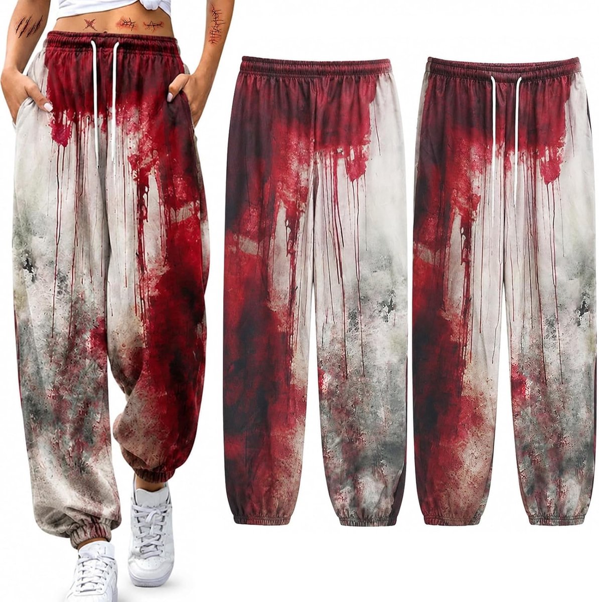 Griezelig Halloween kostuum voor dames met bloedige sportbroek en eng design, perfecte joggingbroek voor een angstaanjagende look, ideaal voor feesten en evenementen