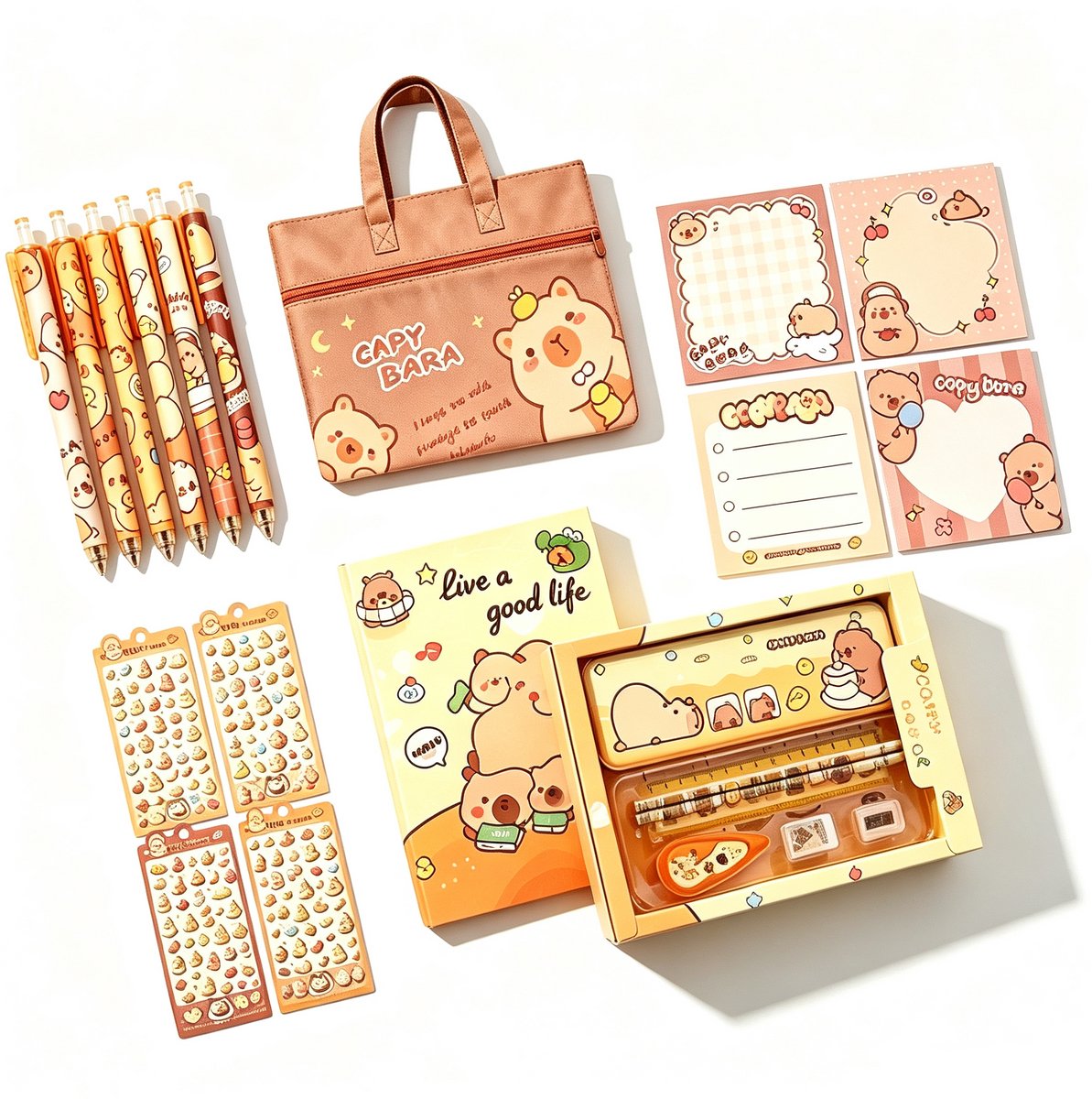Namajunas - Schriften set - Deze set bevat 6 willekeurige gelpennen, 1 canvas tas, 4 pcs willekeurige sticky notes, een 7-delige schrijfwaren set en 4 3D-plak stickers - Capibara schrijfwaren set - School leermiddelen - Schrijfwaren cadeaubox