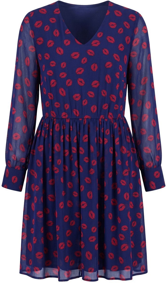 Studio Untold - Dames - Jurk A-lijn all-over kusjesprint ballon lange mouwen - Navy - Maat 46+