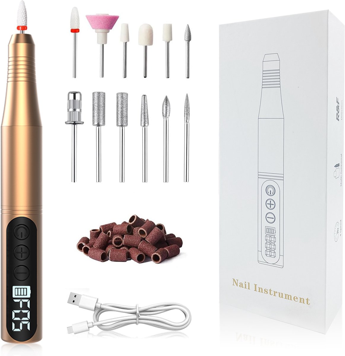 Nagelfrees – Elektrische nagelvijl – Manicure-instrument – ​​Nail-art-instrument- - Elektrische Nagelvijl - Nagelfrees -Manicure & Pedicure Set - HX-09 Goud [Premium-set: 12 freesbitjes + 36 schuurbandjes]