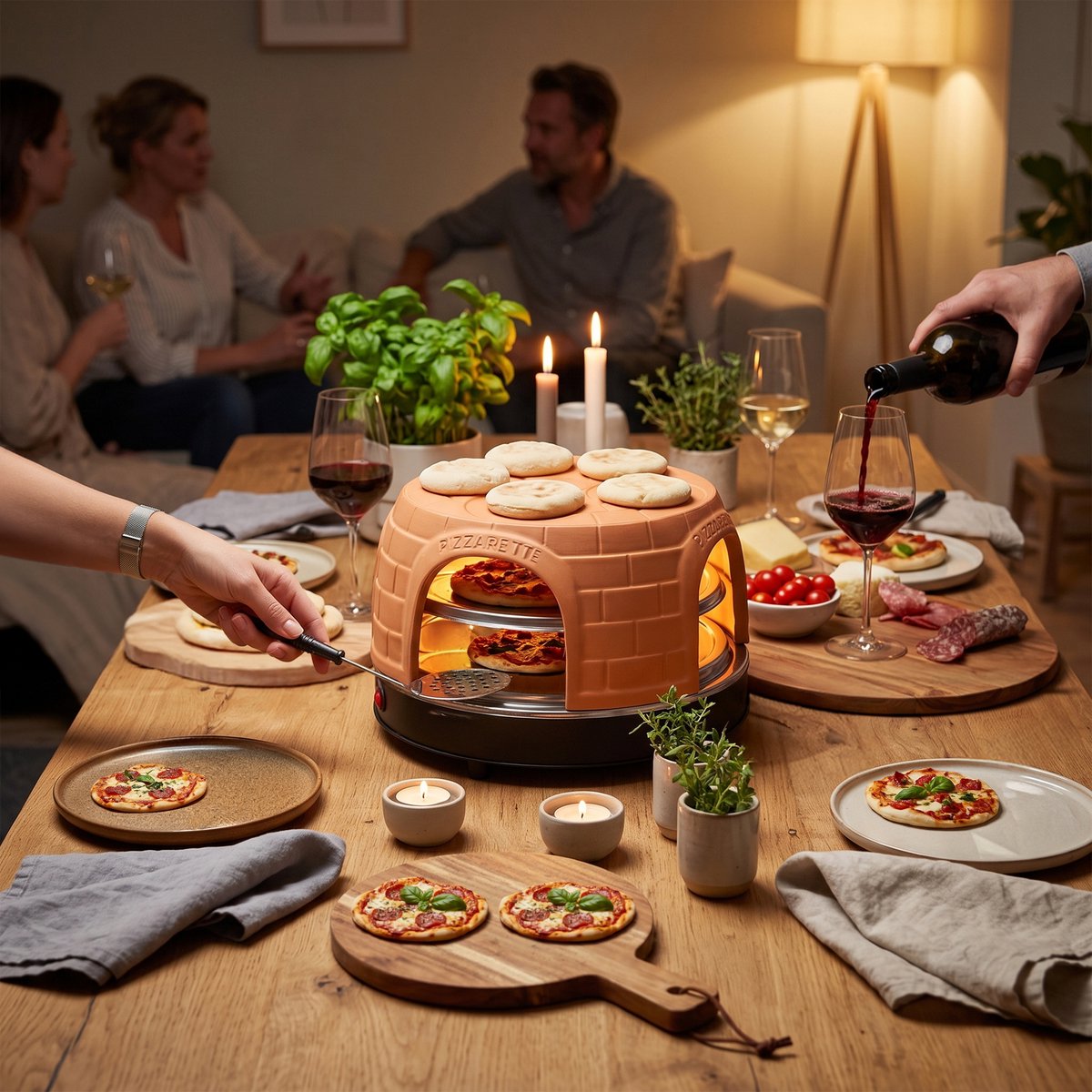 Emerio Pizzarette Origineel - 8 Persoons Pizza Oven - Handgemaakte Terracotta Koepel - 8 Geïsoleerde Bakspatels - RVS Bakplaat - Gourmetstel - PO-116124.1 1500W – foto 7