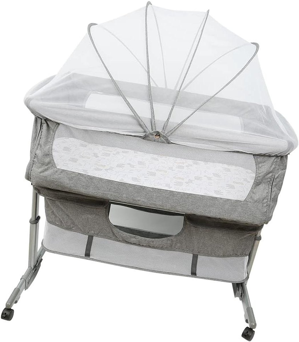 Kinderbed met Matras - Babywieg Co-sleeper - Veilig Slapen - 3-in-1 Multifunctioneel - 92 x 58 x 70-90 cm - Grijs