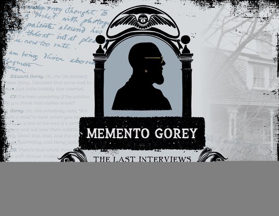 Livre 'Memento Gorey The Last Interviews' avec une silhouette d'homme dans un cadre avec du texte.