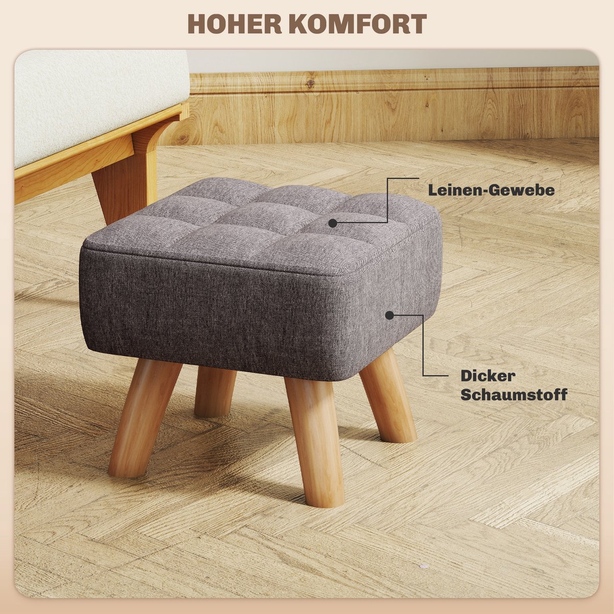 Voetenbankje met vulling - linnenlook - houten poten - draagvermogen tot 110 kg - grijs