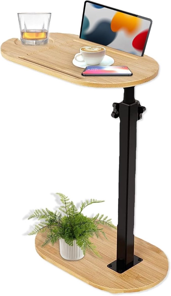 Bijzettafel van bamboe, 360° draaibaar, in hoogte verstelbaar 45-80 cm, mobiele salontafel met opbergmogelijkheden