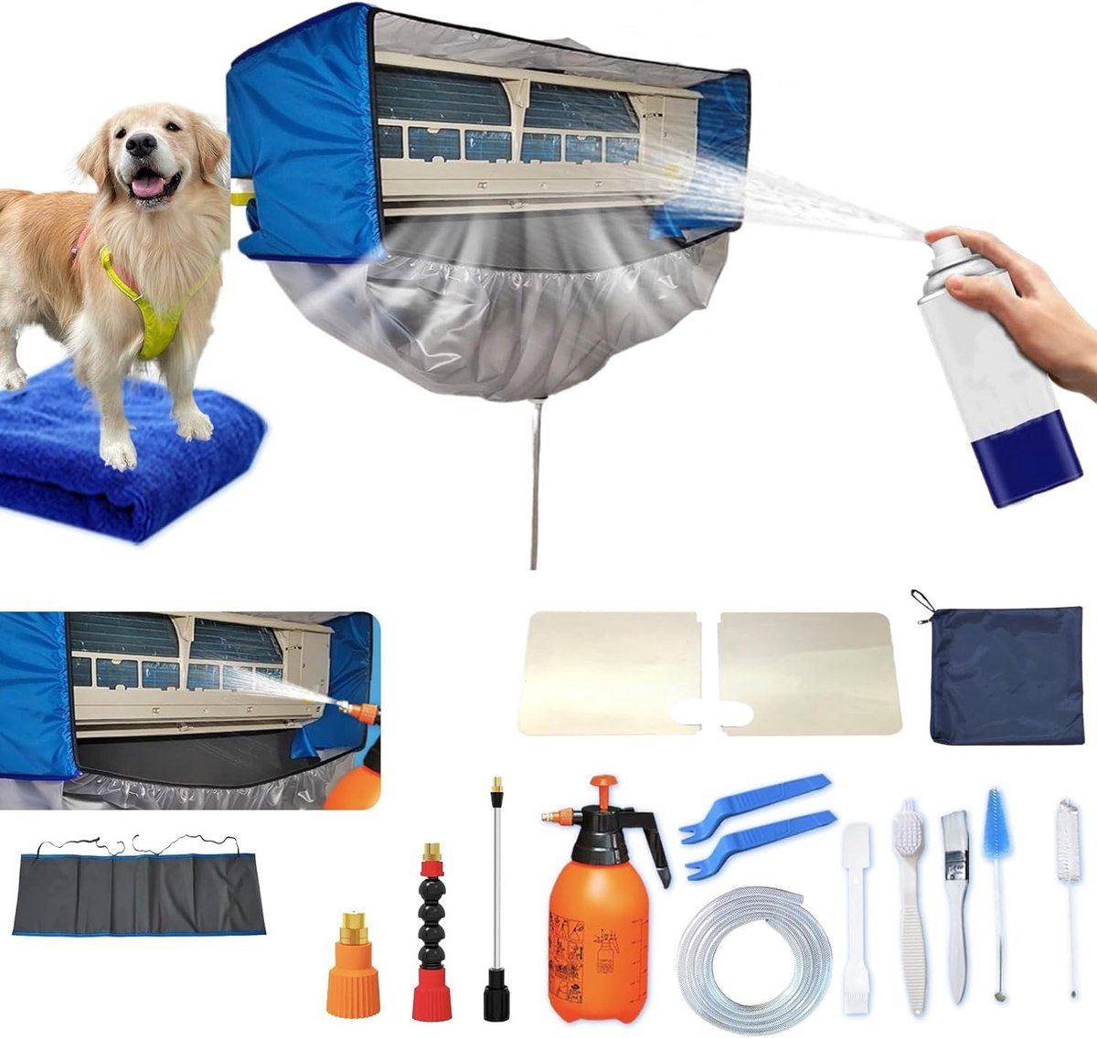 Mini airco reinigingsset - Blauw en wit - 25 x 16 x 16 cm - PVC reinigingstas met waterkoker - Voor split airconditioners
